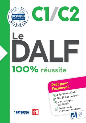 Green textbook cover with "Le DALF C1/C2" title and checklist icons.