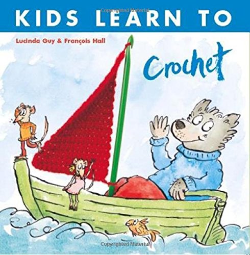 Book cover with cartoon animals in a boat, learning to crochet.