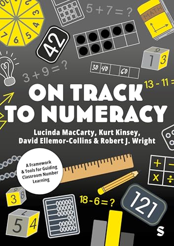 Book cover with math equations, tools, and the title "On Track to Numeracy".