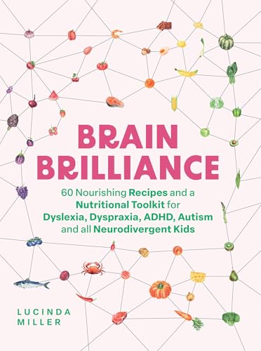 Book cover titled Brain Brilliance with food illustrations connected by a geometric network pattern.
