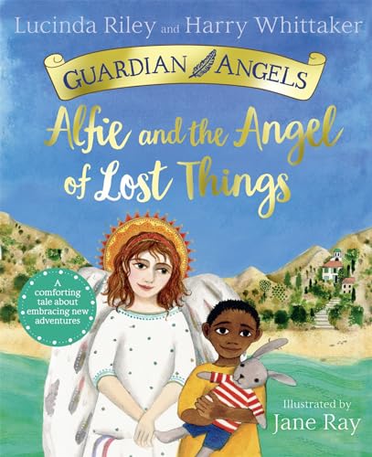 Book cover: angel with boy holding a rabbit, coastal landscape.