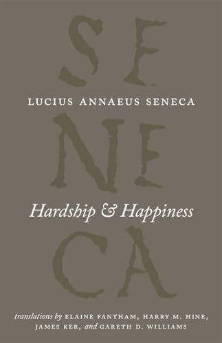 Book cover: "Hardship & Happiness" by Seneca, with textured, distressed lettering.