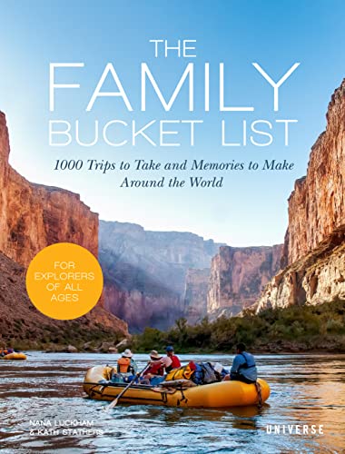 Book cover: "The Family Bucket List" with Grand Canyon rafting scene.