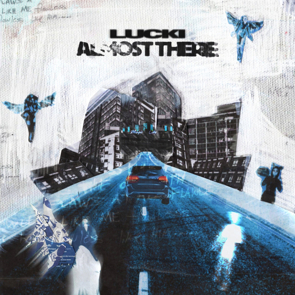 CD cover for LUCKI’s “Almost There” featuring a city street scene.