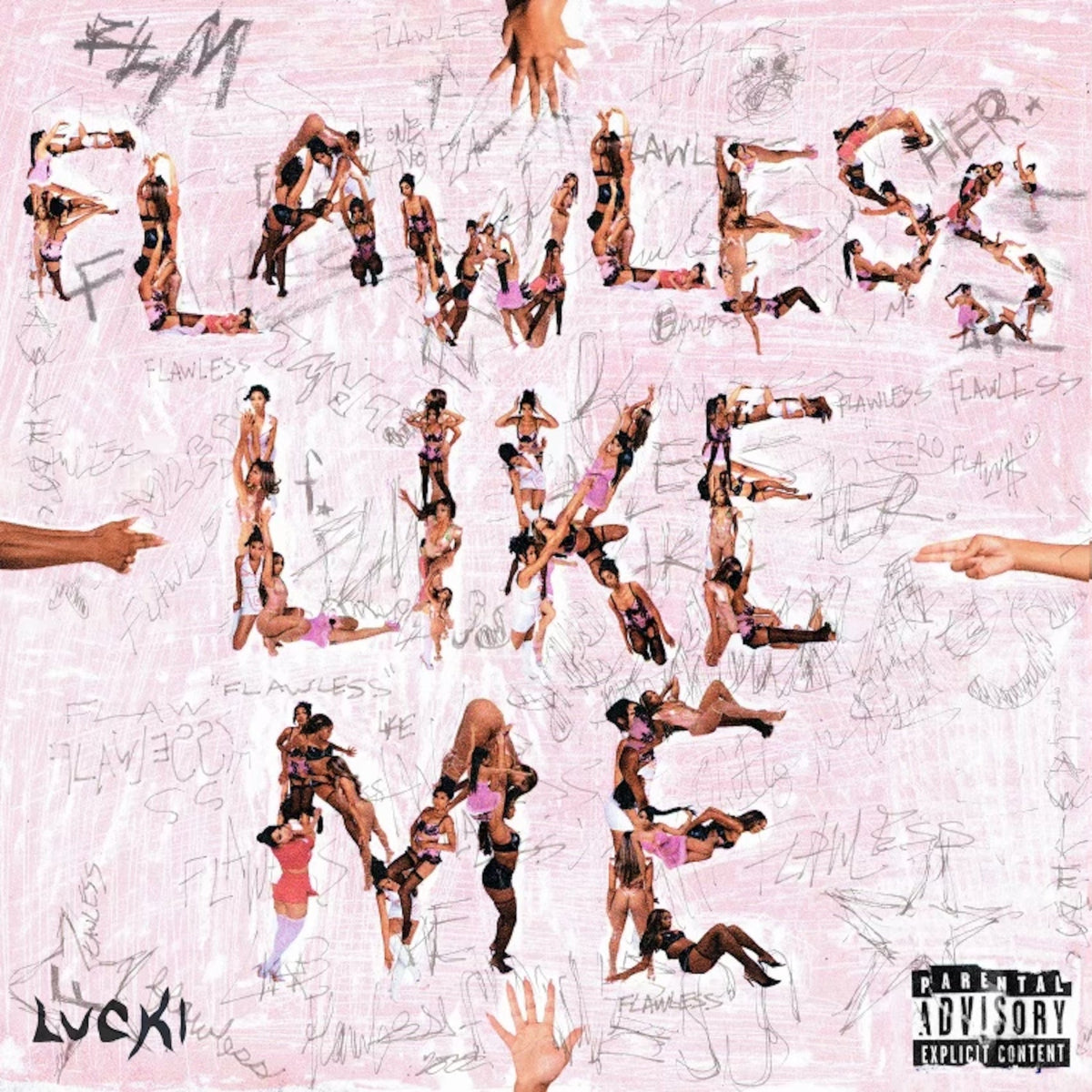 Album cover for "Flawless Like Me" by LUCKI, featuring silhouettes and text.