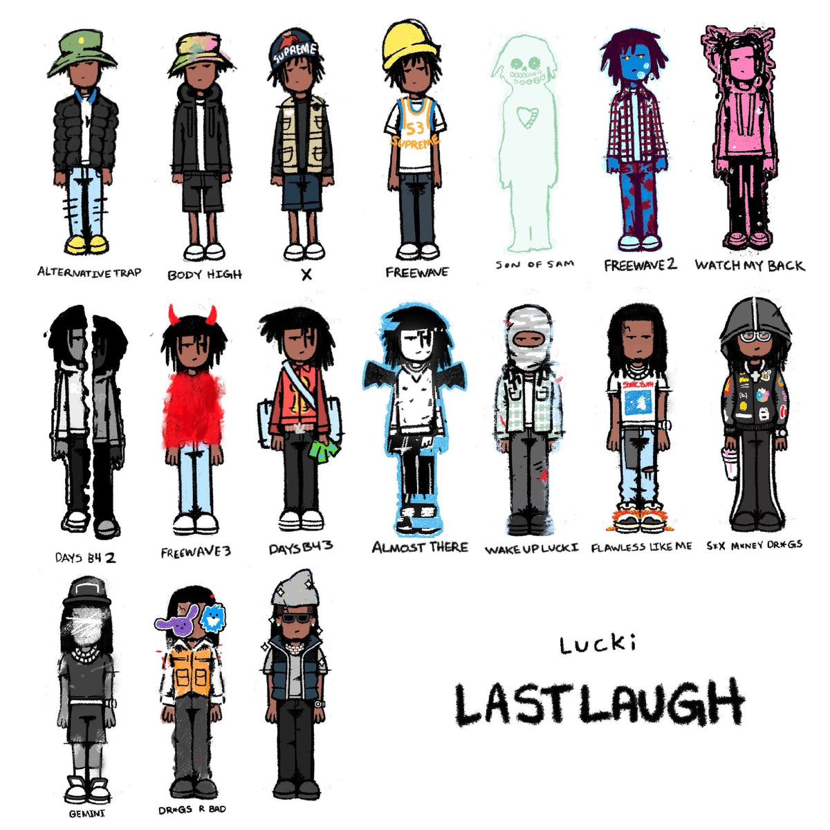 “LUCKI - Last Laugh” vinyl album cover featuring cartoon figures in varied outfits.