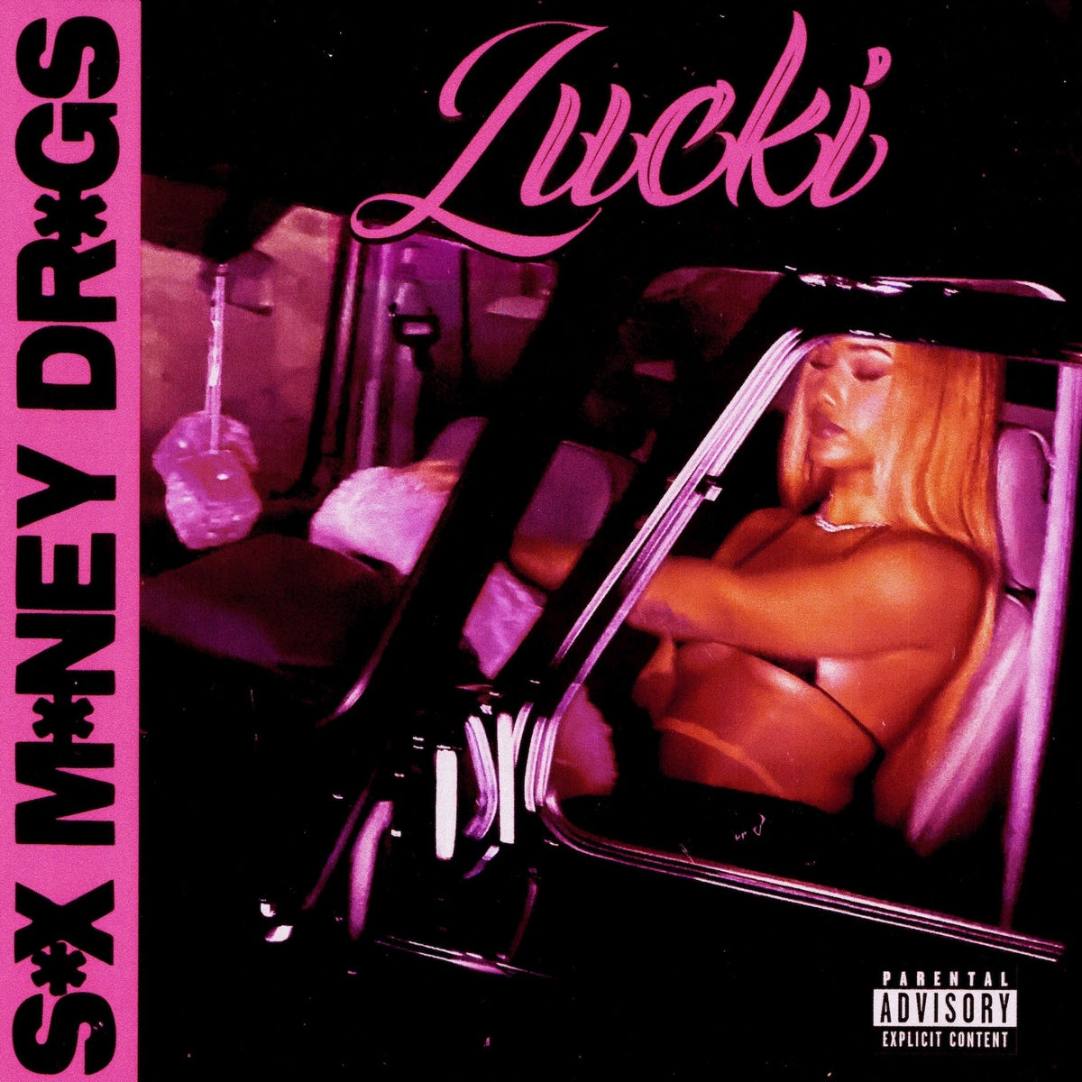Album cover for Lucki, featuring a person in a car, pink filter.
