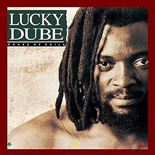 Close-up portrait of Lucky Dube with dreadlocks on the House of Exile album cover.