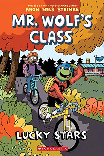Two animal students on bicycles ride toward a school building.