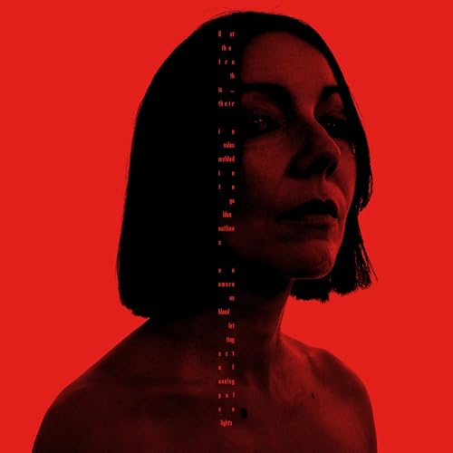 A dark silhouette of a woman against a bright red background with vertical text.