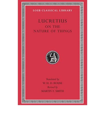 Red book cover with gold lettering: "Lucretius, On the Nature of Things.