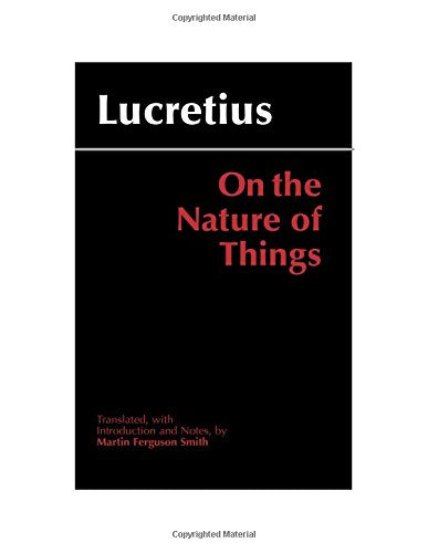 Book cover with white text Lucretius and red text On the Nature of Things.