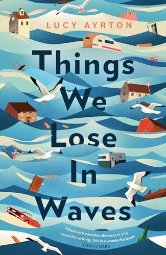 Book cover with blue waves, houses, and scattered personal objects.