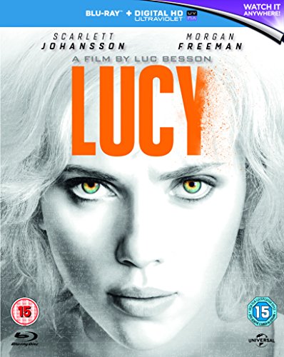 Blu-ray cover for "Lucy" featuring Scarlett Johansson’s face and orange title.