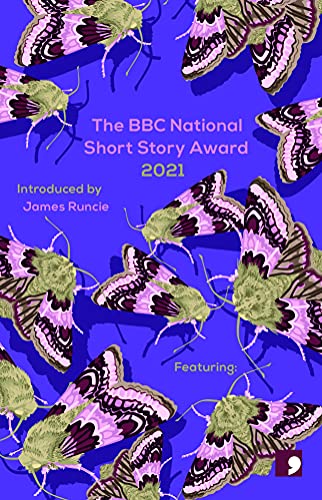 Book cover: blue background with repeating patterned moths and award title.