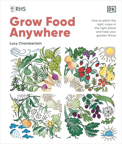 Book cover titled Grow Food Anywhere featuring colorful illustrations of various fruits and vegetables.