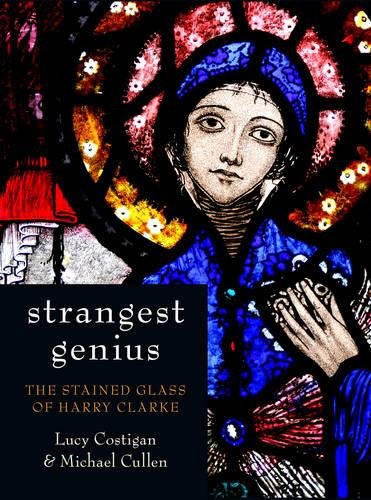 Stained glass depiction of a woman’s face with book cover text.