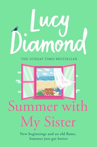 Book cover with a green background, an open window, beach view, and white text.