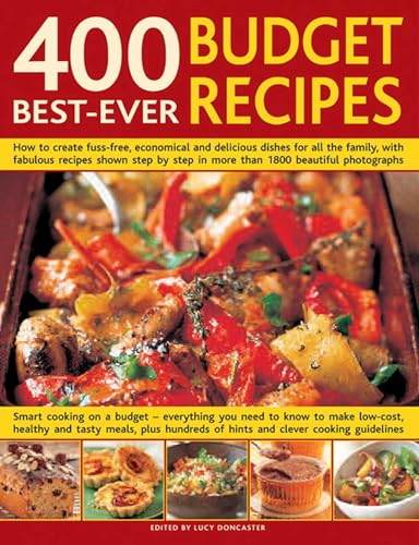 Cookbook cover: "400 Best-Ever Budget Recipes" with colorful food photography.