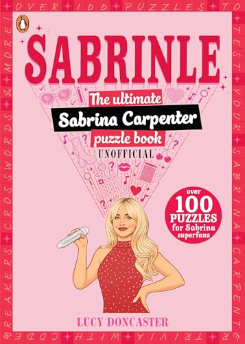 Puzzle book cover featuring Sabrina Carpenter with illustrated elements and text.