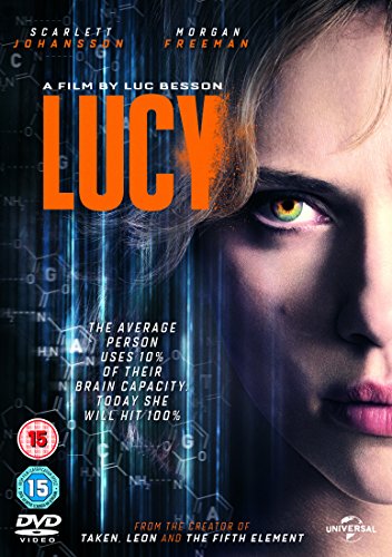 DVD cover for "Lucy" featuring Scarlett Johansson’s intense portrait.