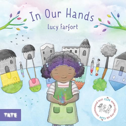 Book cover: girl with curly hair, houses, and colorful illustrated details.