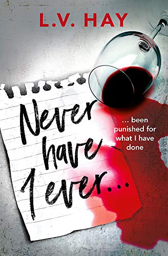 Book cover: “Never Have I Ever” with spilled red wine and handwriting.