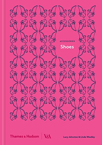 Book cover with repeating blue shoe illustrations and pink background.