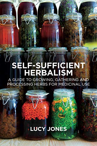 Book cover with jars of herbs and the title “Self-Sufficient Herbalism.”