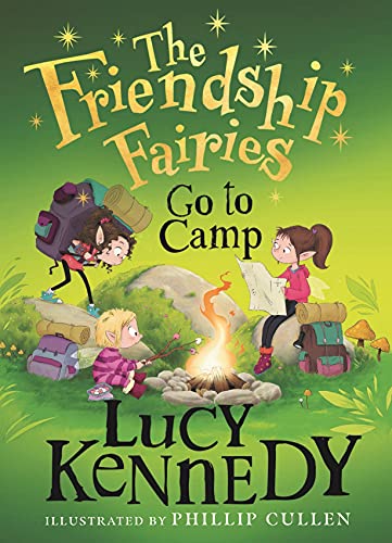 Book cover: fairies camping with backpacks, map, and a campfire.