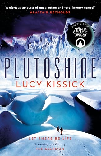 Book cover for Plutoshine by Lucy Kissick featuring two figures walking on icy terrain.