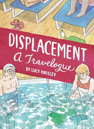 Book cover: illustrated people in a pool, title “Displacement” in red.