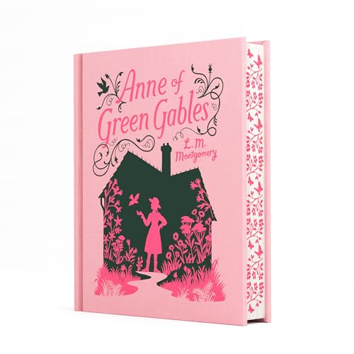 Pink book cover for “Anne of Green Gables” with a house illustration.