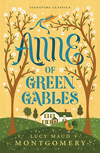 Cover of "Anne of Green Gables" with illustrated trees and a house.