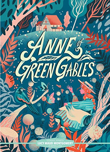 Book cover for "Anne of Green Gables" with girl and nature illustration.