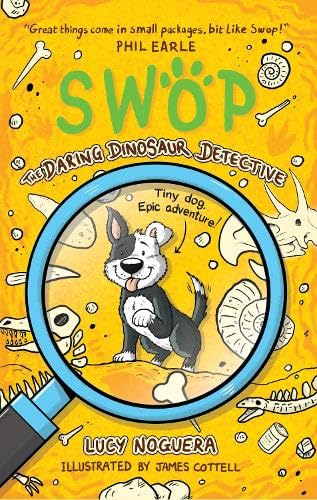 Book cover featuring a magnifying glass over a cartoon dog against yellow fossil background.