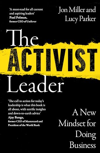 Book cover: black background with bold yellow and white text, "The Activist Leader".