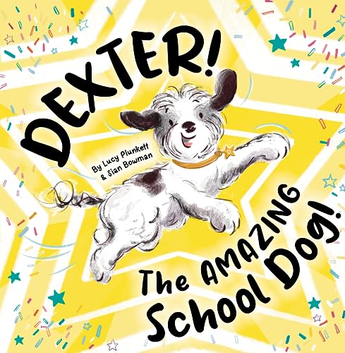 Book cover featuring a leaping white dog with black markings, titled "Dexter!