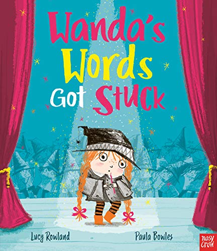 Book cover: a young witch with stuck words floating above her head.