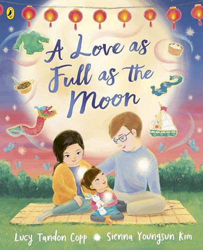 Book cover with a family, moon, and floating cultural objects.