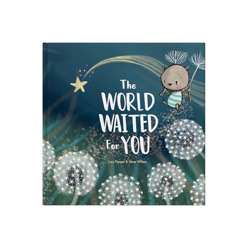 Book cover with a bear cub holding a dandelion, starry background.