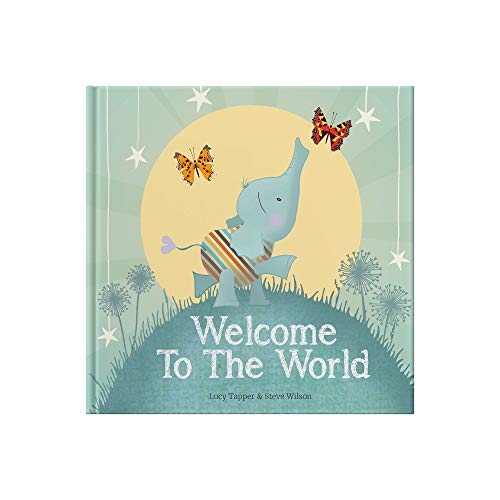 Baby keepsake book cover with an elephant, butterflies, and text.