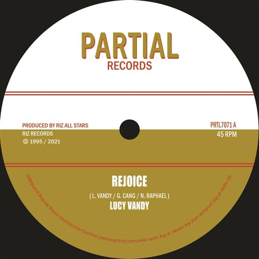 Yellow vinyl record label with "Rejoice" and "Lucy Vandy" text.