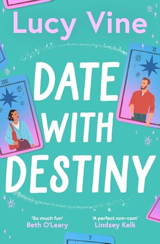 Book cover with illustrated couple and tarot card motifs, teal background.