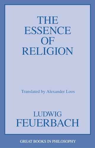 Book cover: “The Essence of Religion” by Ludwig Feuerbach, light blue background.