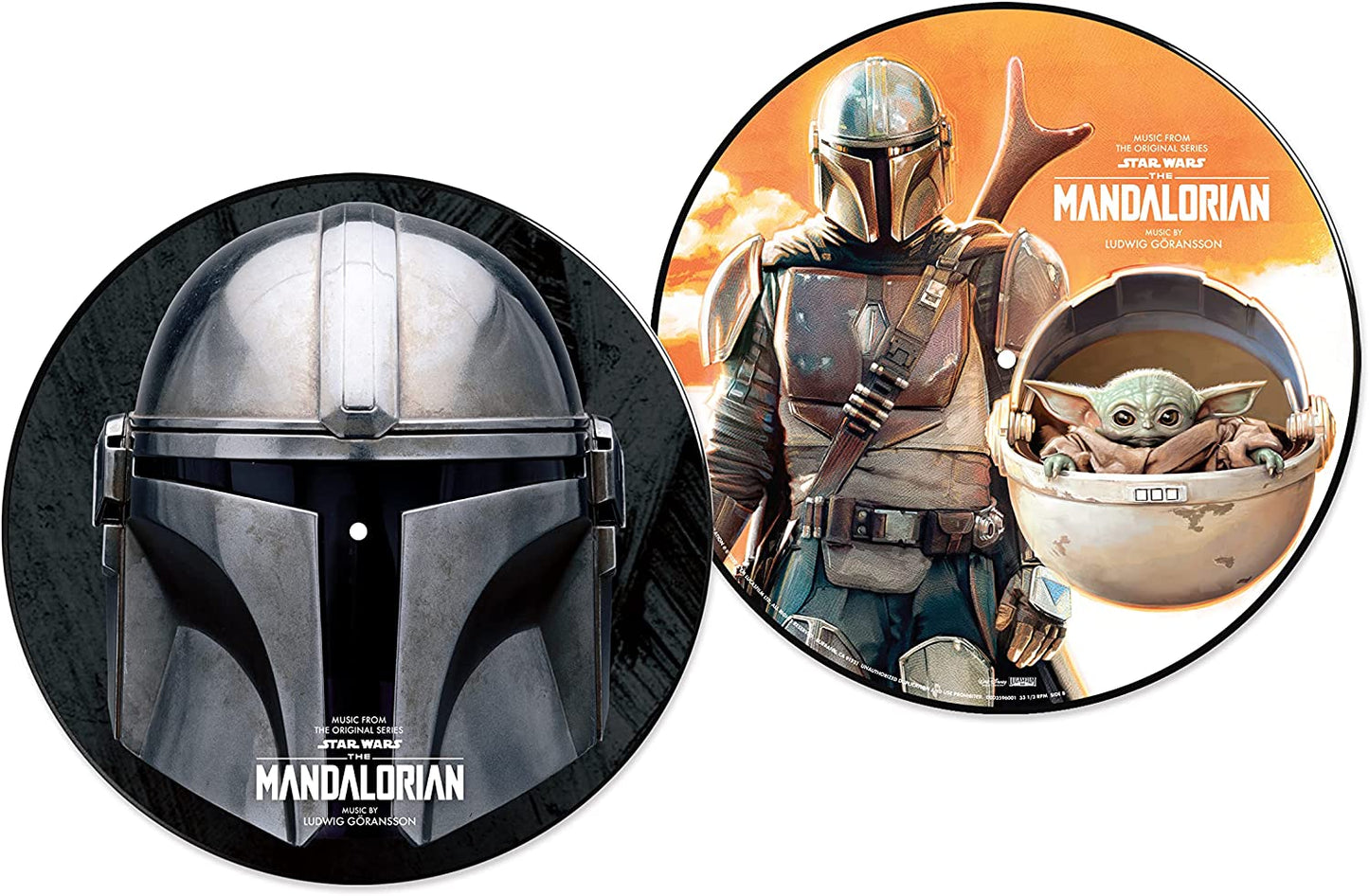 Two vinyl records featuring The Mandalorian helmet and characters artwork.