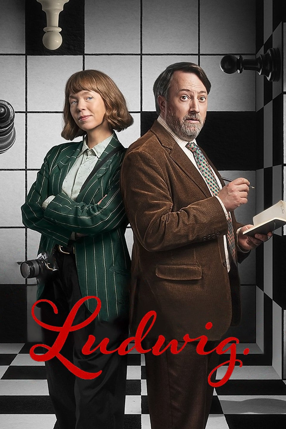DVD cover for “Ludwig” featuring two actors against a checkered background.