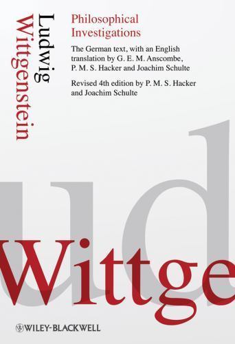 Book cover: "Philosophical Investigations" by Ludwig Wittgenstein, red and gray text.