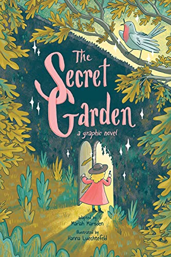 A girl in a pink coat stands before a glowing garden door under oak trees.