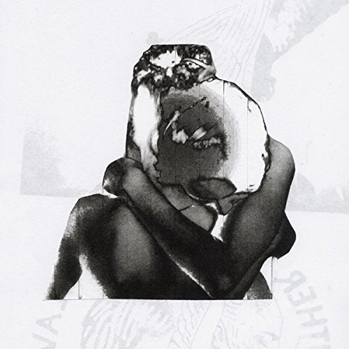 Black and white abstract portrait of two people embracing.